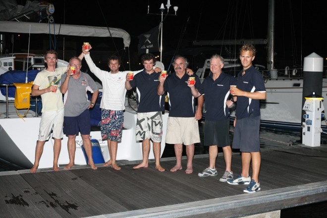 Rapparee Crew at Finish. From Left; Jordan Wilson, Steve Wilson, Conrad Gundry, Dominic Gundry, Simon Gundry, Godfrey Cray, Sam Cray. - ARC Trans Atlantic Race © Godfrey Cray